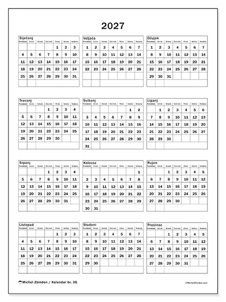 Godišnji kalendar 2027 za ispis - Obiteljske proslave