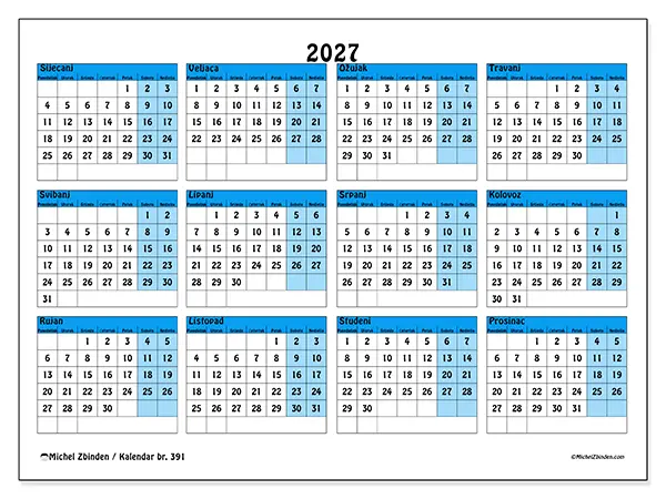 Godišnji kalendar 2027 za ispis - Plavi tonovi