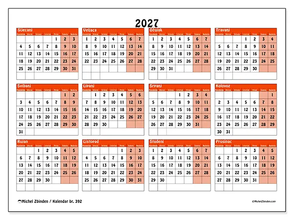 Godišnji kalendar 2027 za ispis - Šareno planiranje