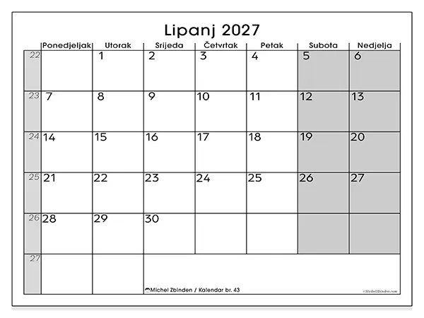 Kalendar lipanj 2027 za ispis - Jasan pregled