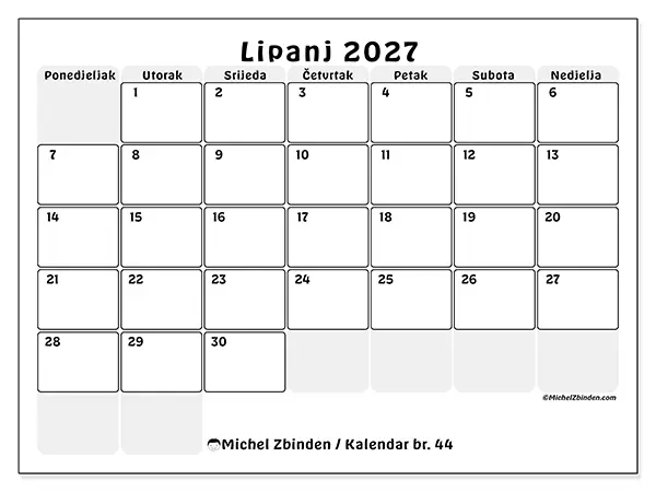 Kalendar lipanj 2027 za ispis - Strukturirano planiranje