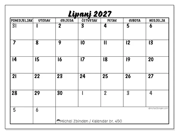 Kalendar lipanj 2027 za ispis - Detaljan model