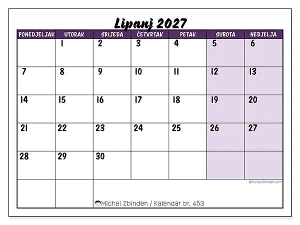 Kalendar lipanj 2027 za ispis - Šareni zadaci