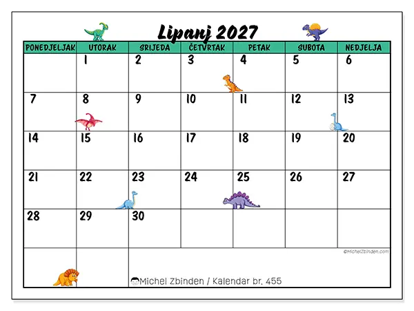 Kalendar lipanj 2027 za ispis - Mali dinosauri