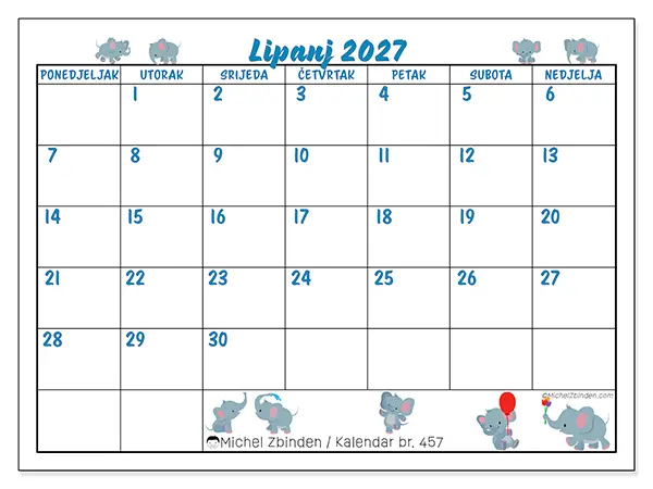 Kalendar lipanj 2027 za ispis - Mali slonovi