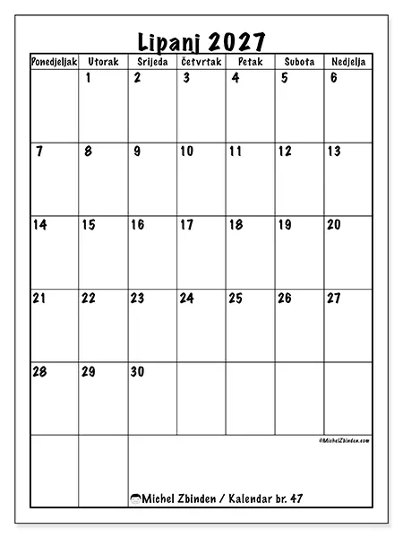 Kalendar lipanj 2027 za ispis - Jasno planiranje