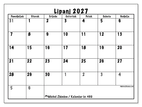 Kalendar lipanj 2027 za ispis - Potpuno planiranje