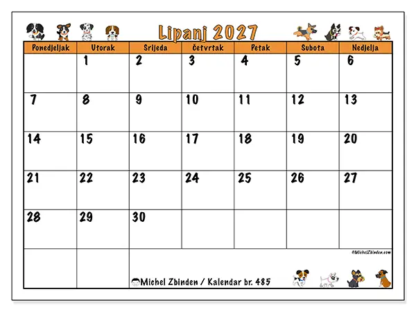 Kalendar lipanj 2027 za ispis - Entuzijastični psi