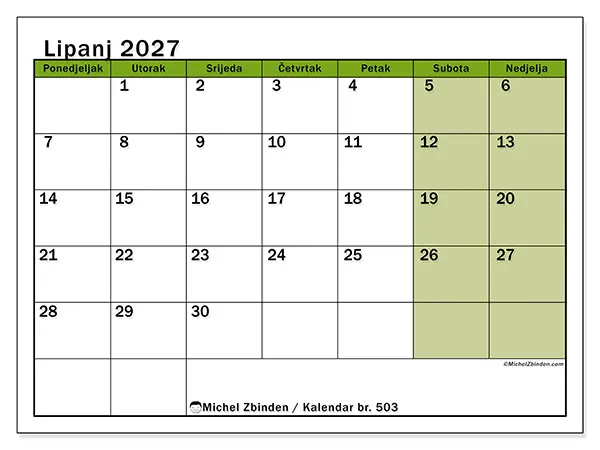 Kalendar lipanj 2027 za ispis - Prirodne boje