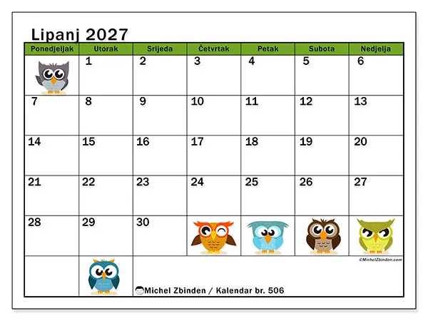 Kalendar lipanj 2027 za ispis - Zabavne sove