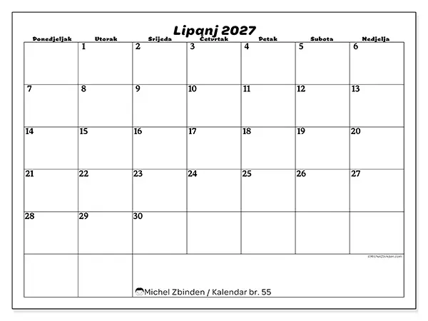 Kalendar lipanj 2027 za ispis - Slobodno vrijeme