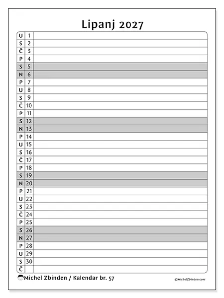 Kalendar lipanj 2027 za ispis - Popis aktivnosti