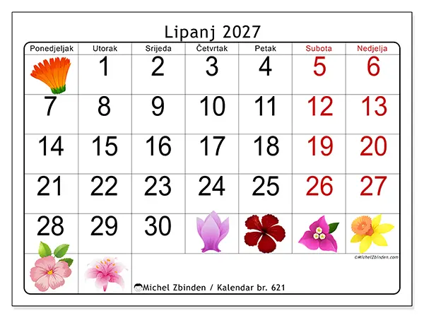 Kalendar lipanj 2027 za ispis - Veliko cvijeće