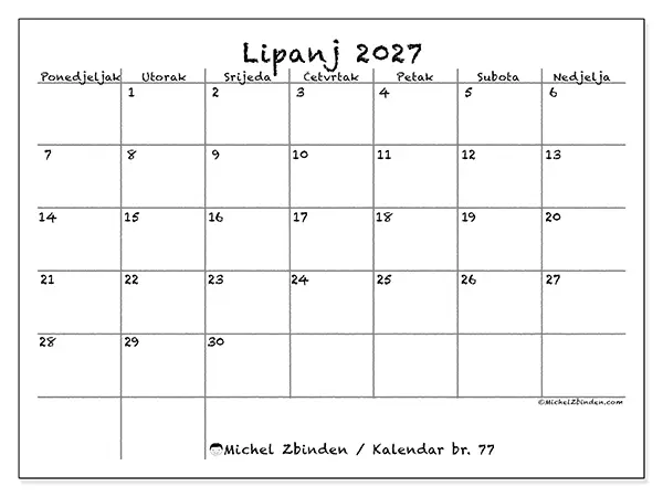 Kalendar lipanj 2027 za ispis - Škola i obitelj