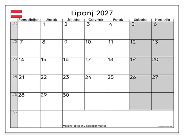 Kalendar lipanj 2027 za ispis - Austrija