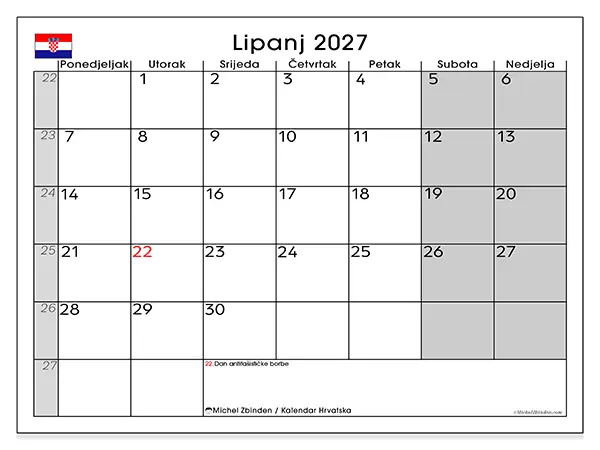 Kalendar lipanj 2027 za ispis - Hrvatska