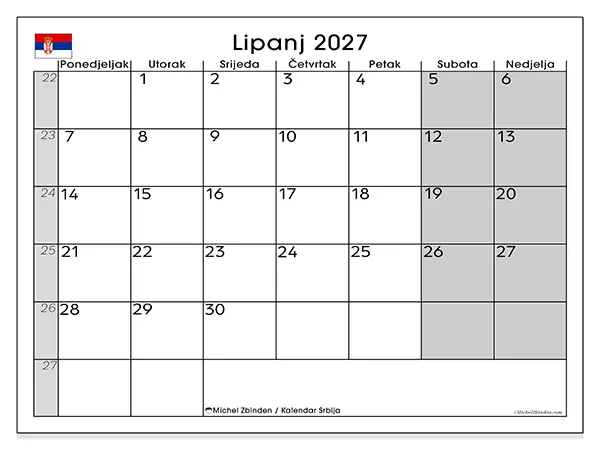 Kalendar lipanj 2027 za ispis - Srbija