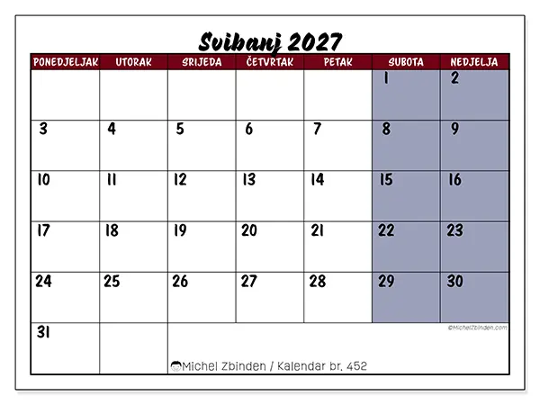Kalendar svibanj 2027 za ispis - Zadaci u boji