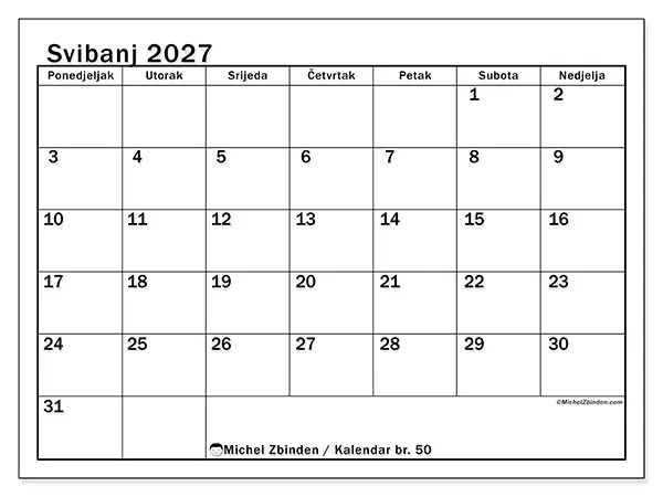 Kalendar svibanj 2027 za ispis - Jasan mjesec