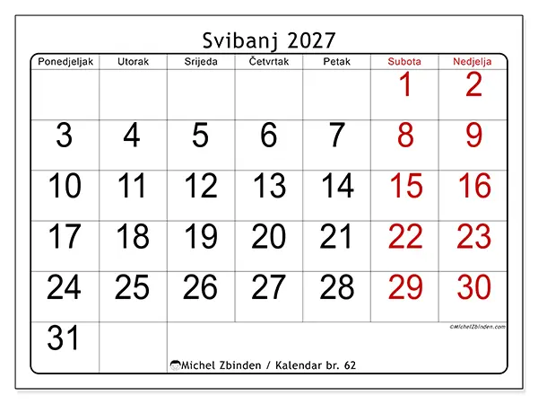 Kalendar svibanj 2027 za ispis - Brzi pregled