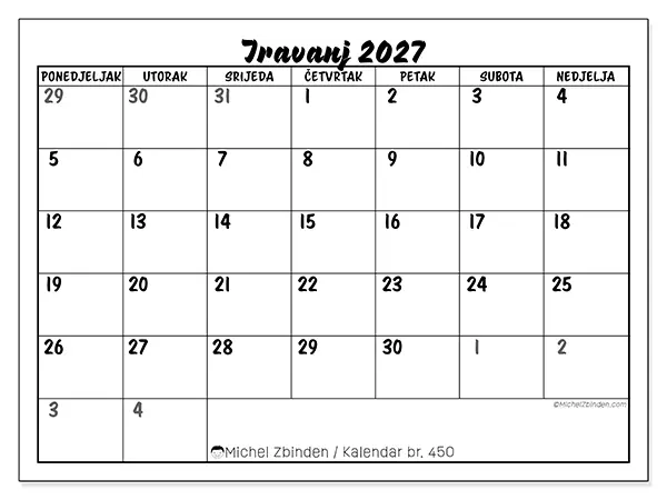 Kalendar travanj 2027 za ispis - Detaljan model