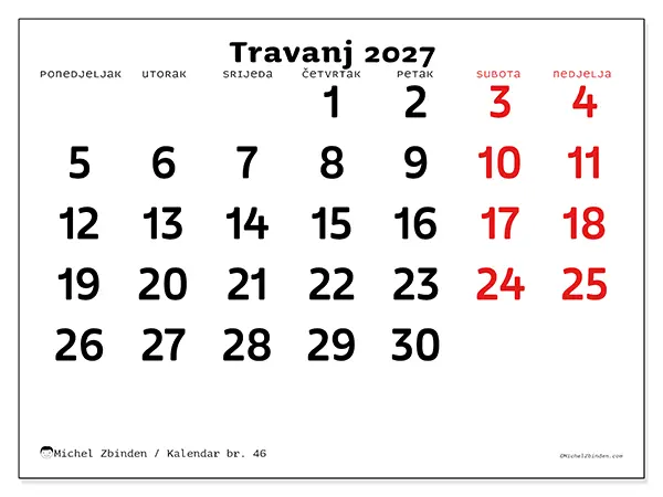 Kalendar travanj 2027 za ispis - Jasna vizija
