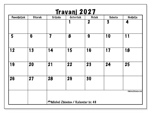 Kalendar travanj 2027 za ispis - Dnevni planovi