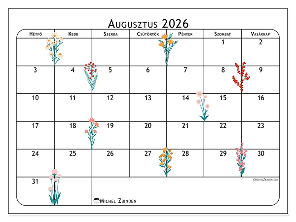 nyomtatható naptár Augusztus 2026 - Augusztusi virágok