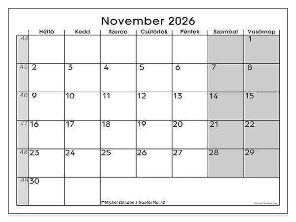 nyomtatható naptár November 2026 - Jól áttekinthető