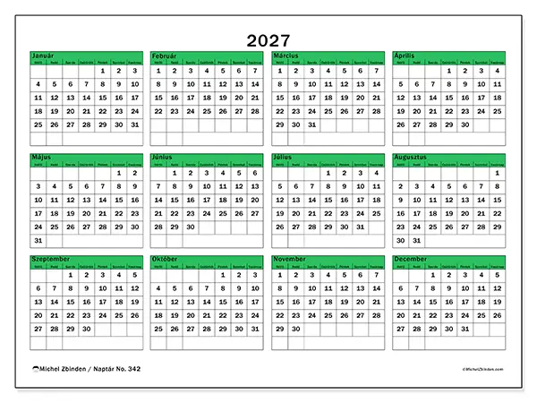 nyomtatható Éves naptár 2027 - Zöld nyugalom