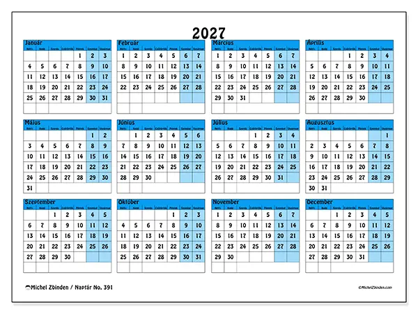 nyomtatható Éves naptár 2027 - Kék tanulási terv