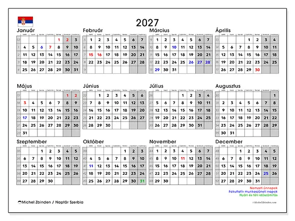 nyomtatható Éves naptár 2027 - Szerbia