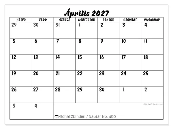 nyomtatható naptár Április 2027 - Részletes modell