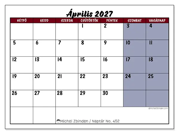 nyomtatható naptár Április 2027 - Feladatok színekben