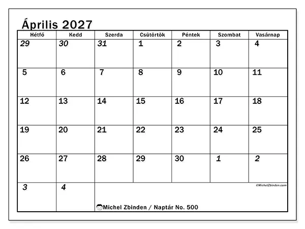 nyomtatható naptár Április 2027 - Intenzív tervezés