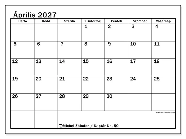 nyomtatható naptár Április 2027 - Áttekinthető hónap