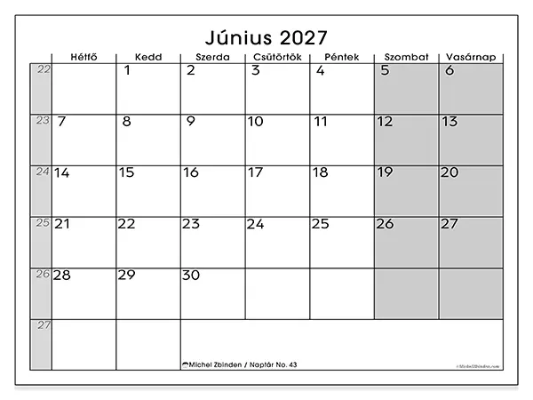 nyomtatható naptár Június 2027 - Jól áttekinthető