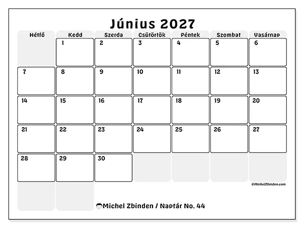 nyomtatható naptár Június 2027 - Jól tagolt terv