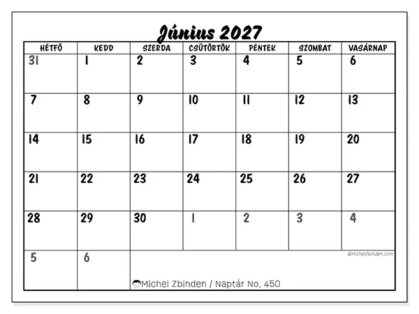 nyomtatható naptár Június 2027 - Részletes modell