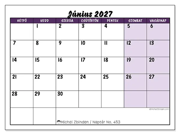 nyomtatható naptár Június 2027 - Színes feladatok