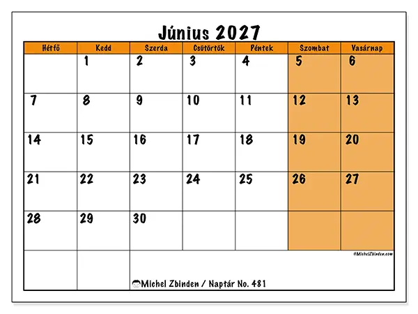 nyomtatható naptár Június 2027 - Dinamikus tervezés