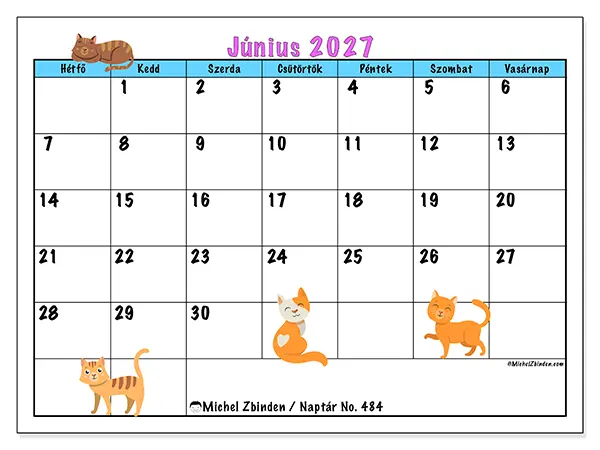 nyomtatható naptár Június 2027 - Macskák szeretete