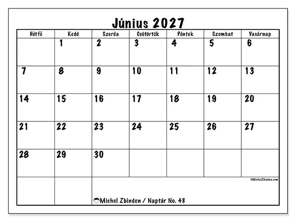 nyomtatható naptár Június 2027 - Napi tervek