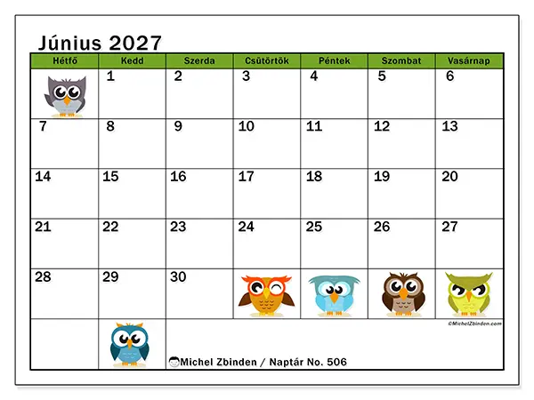 nyomtatható naptár Június 2027 - Vicces baglyok