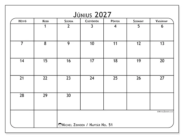 nyomtatható naptár Június 2027 - Étkezéstervező