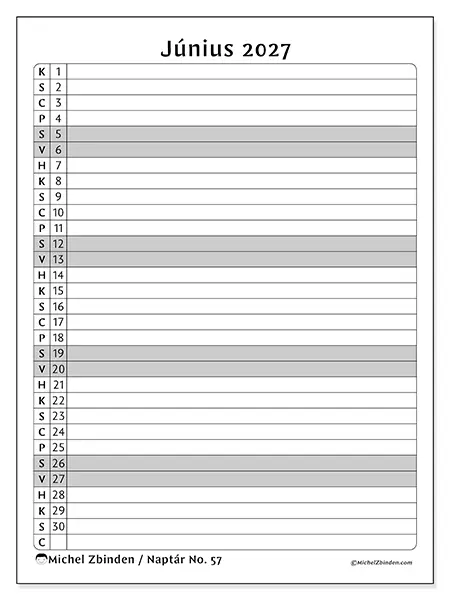nyomtatható naptár Június 2027 - Tevékenység lista
