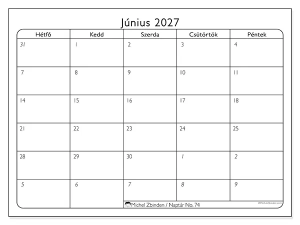 nyomtatható naptár Június 2027 - Munkanapok