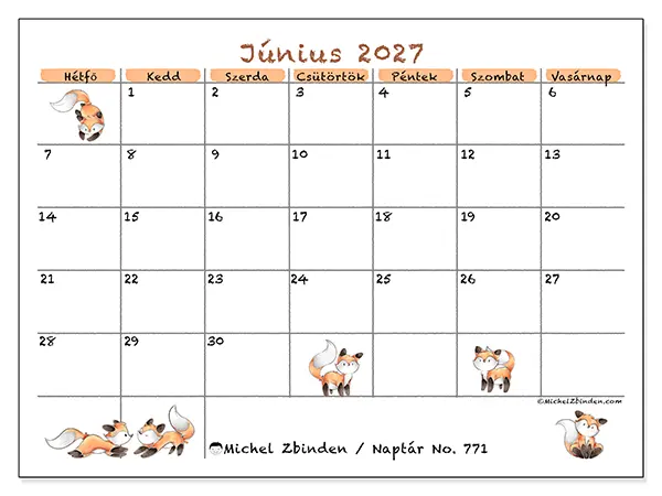 nyomtatható naptár Június 2027 - Róka rajzok