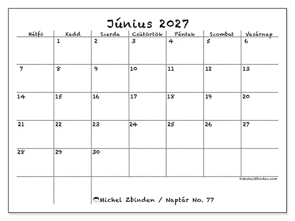 nyomtatható naptár Június 2027 - Iskola és család