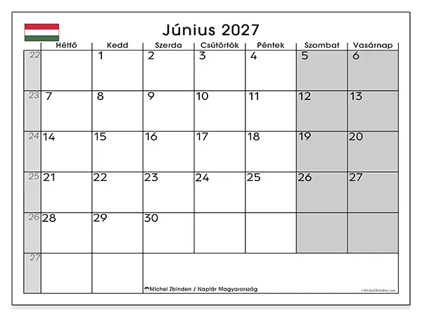 nyomtatható naptár Június 2027 - Magyarország